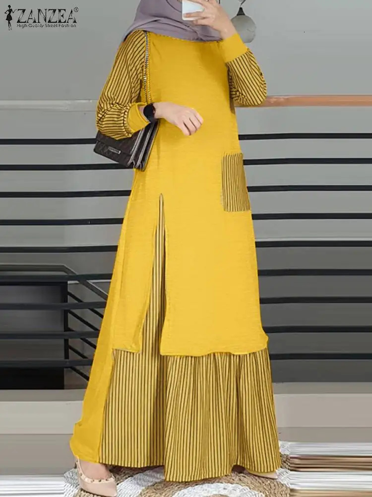 Vintage Long Sleeve Striped Muslim Maxi Dress ZANZEA Women Patchwork Sundress Turkey Abaya Hijab Dress Islamic Clothing Ramadan 240422