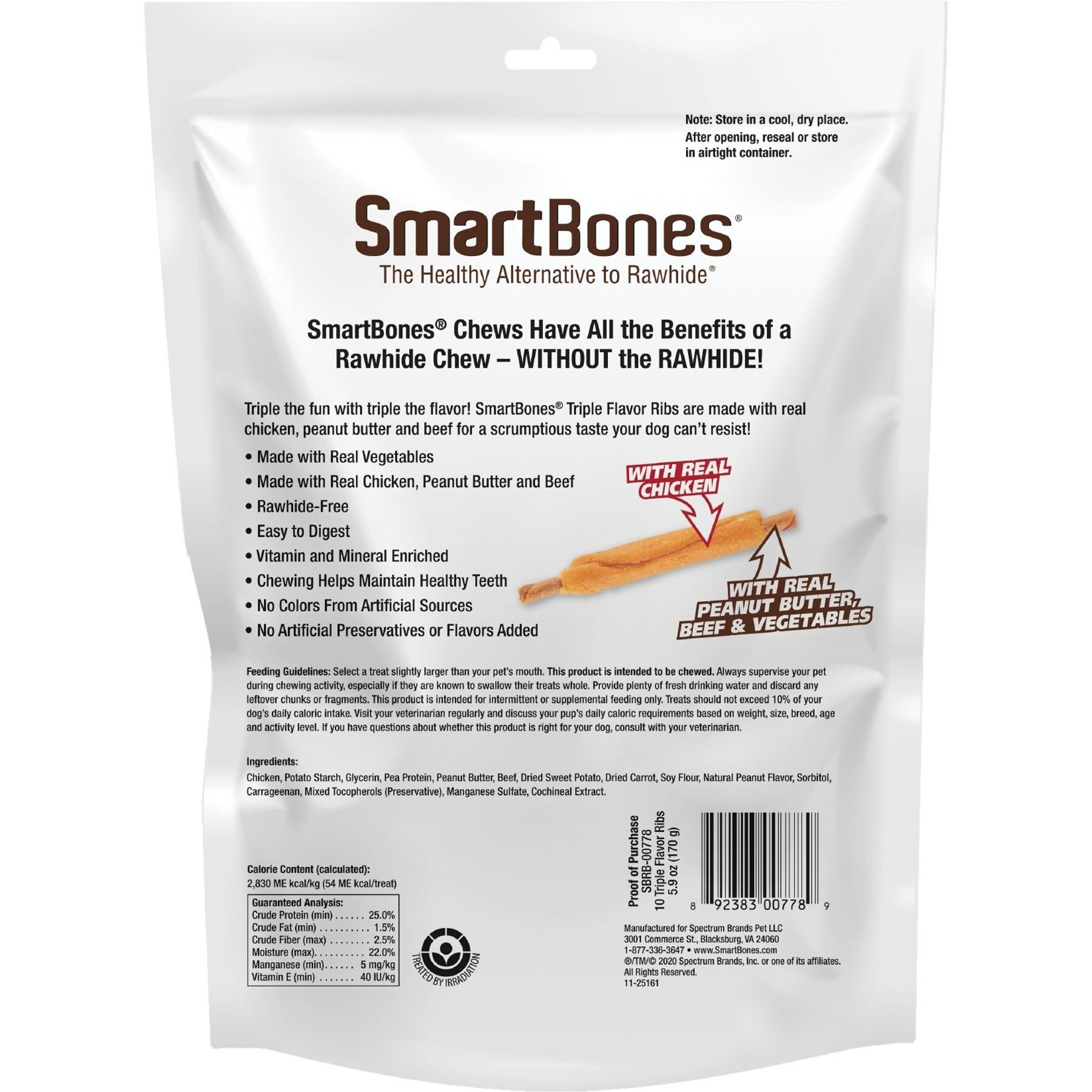 SmartBones Triple Flavor Ribs Chicken, Beef & Peanut Butter Dog Treats, 10 count
