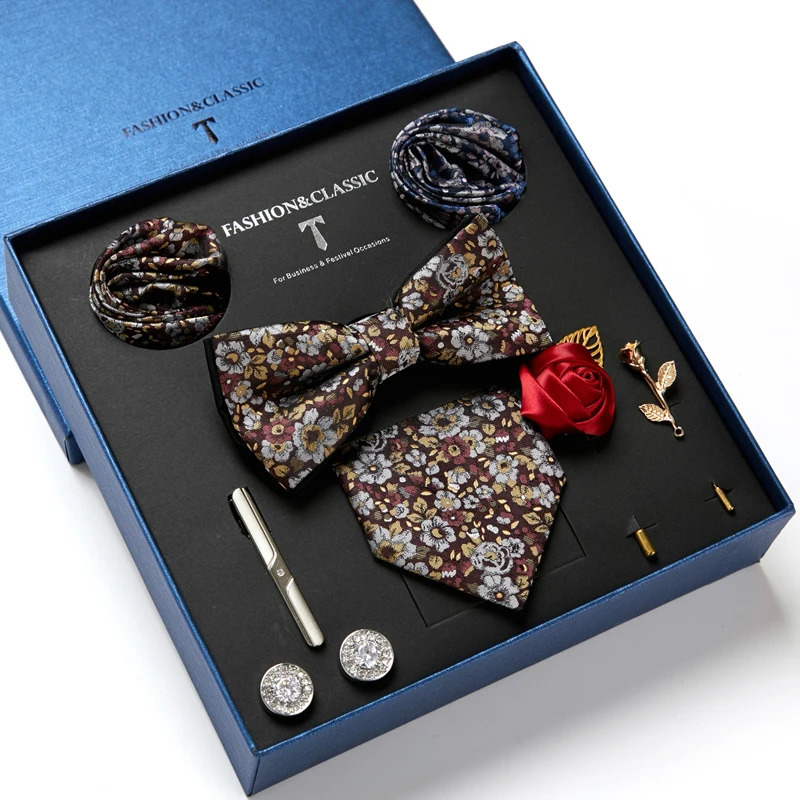 Holiday Gift Box Tie For Men 7.5 cmTie Hanky Pocket Squares Cufflink Set Bow Tie Clip Necktie Box Purple hombre Geometric Office 240412