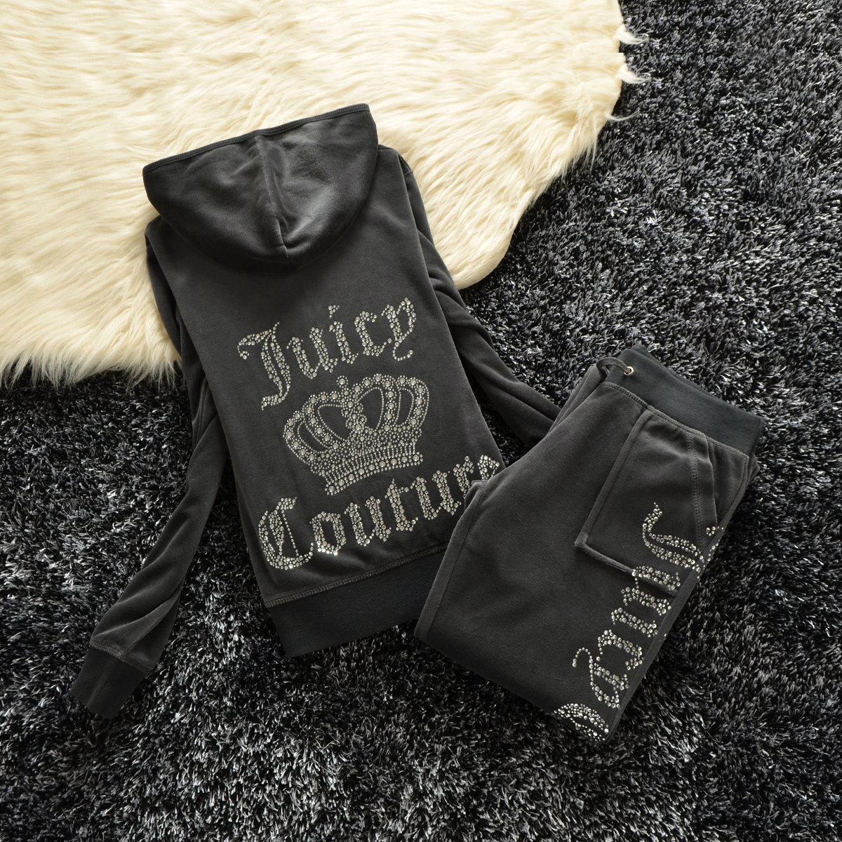 Juicy Tracksuit Womens 2-Piece Hoodie Pants Set Black Zipper Jacket Sweatshirt and Joggers - Designer Couture Casual Activewear C260312