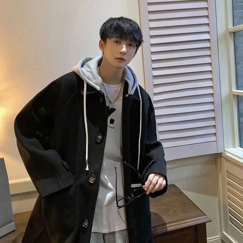 High Quality Korean style medium and long wool mens coat autumn and winter loose Fe two-piece hooded windbreaker Y2k mens clothing T241122