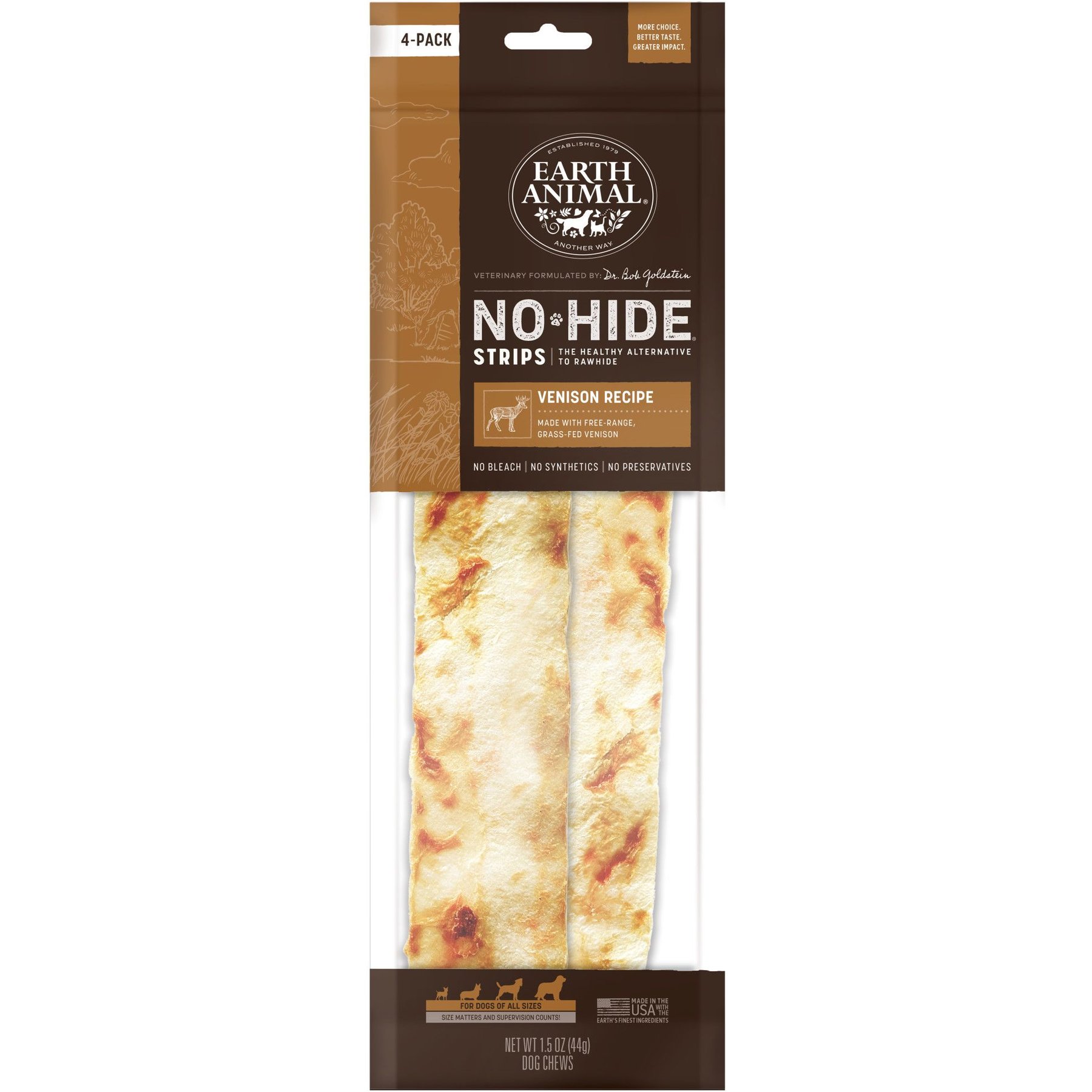 Earth Animal No-Hide Strips Thin Natural Rawhide Alternative Venison Recipe Chew Dog Treat