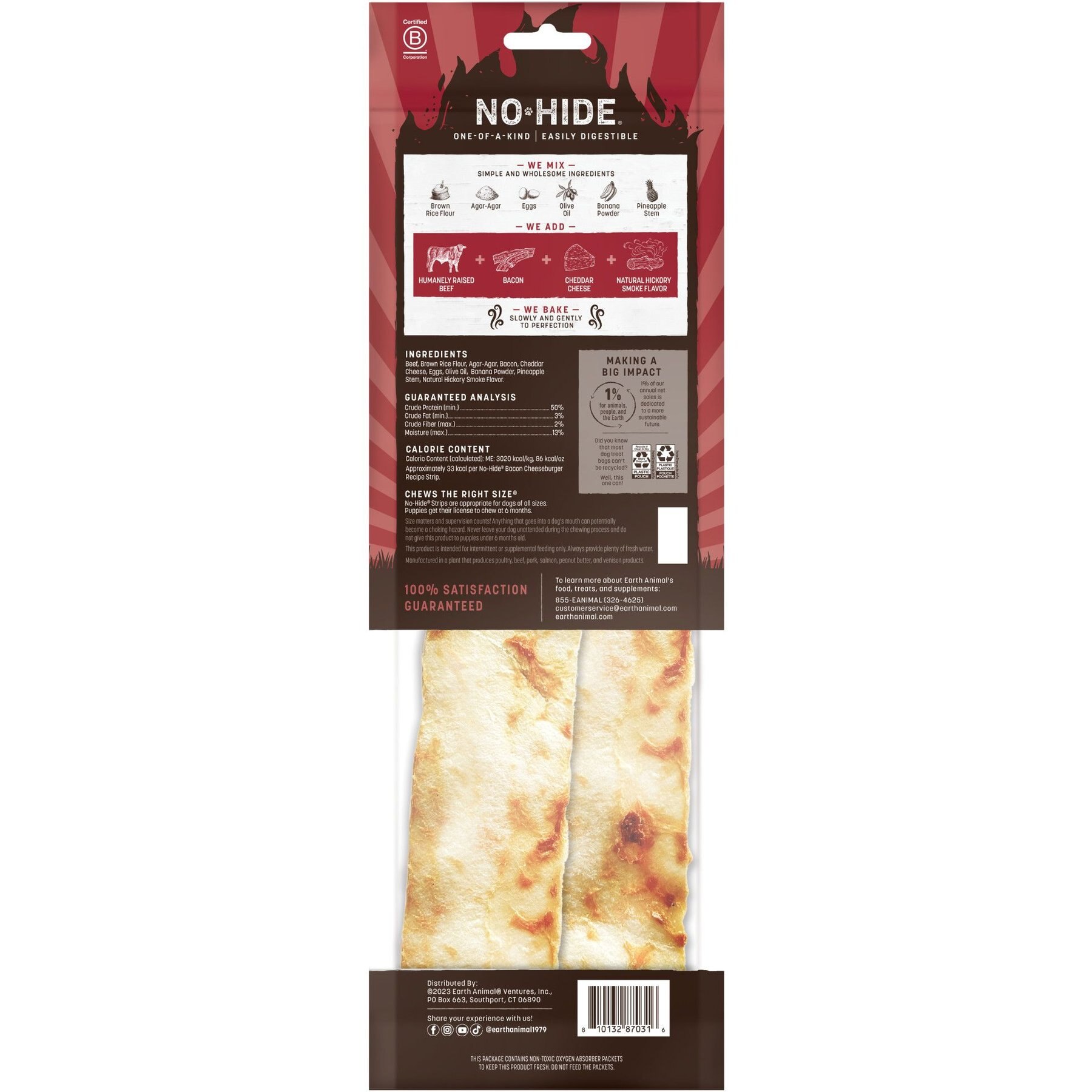 Earth Animal No-Hide Strips Natural Rawhide Alternative Barbeque Bacon Cheeseburger Recipe Chew Dog Treat