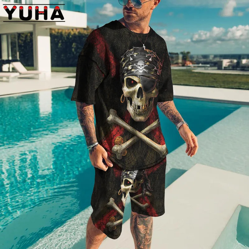 YUHASummer Mens Clothing T Shirt Sets 3D Terrible skeleton Print Casual Shorts Tracksuit Male 2 Piece Suit est Short Sleev 240420