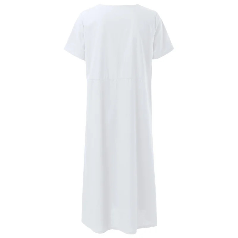 Singlebreasted Cardigan V Neck Solid Color Dresse Double Pockets Short Sleeve Gown Vintage Loose Cotton Linen Dress 2024 240419