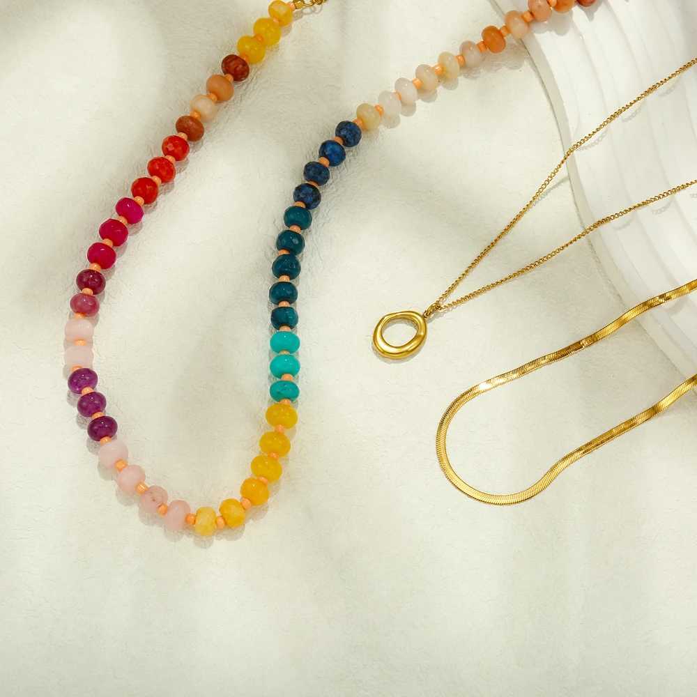 Joya 3-piece Rainbow Natural Stone Bead Necklace Stainless Steel Serpentine Chain Hollow Circular Pendant Jewelry W241121