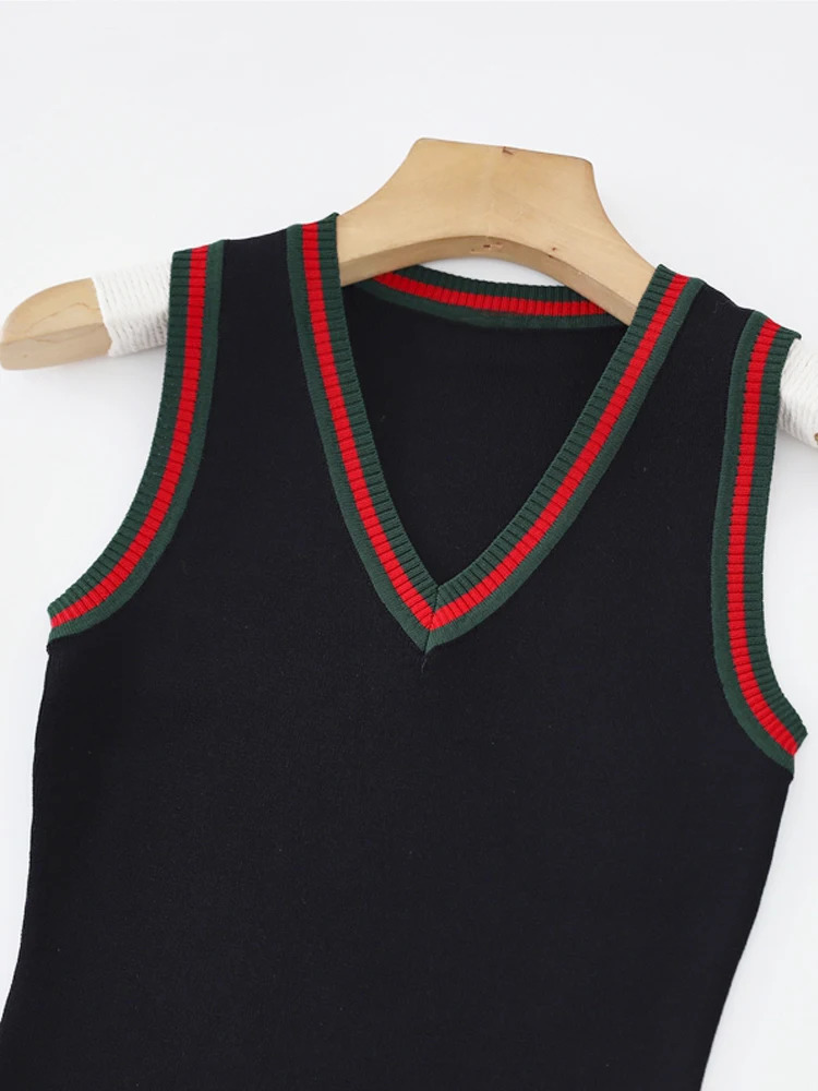 V Neck Black Stripe Knitted Tank Dresses Casual Slim Simple Fashion Korean Women Sleeveless Dress Sexy Vestidos Clothes 240419