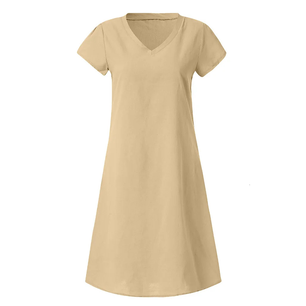 Women Summer 2024 Boho Cotton Linen Dress Short Sleeve VNeck Tops Casual Loose Female Street TShirt Sundress Vestidos 240418