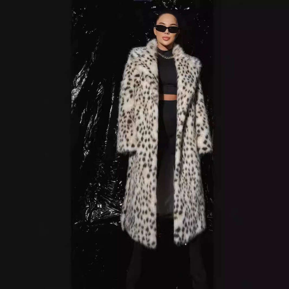 2024 autumn and winter new leopard print women's medium long suit collar imitation fox fur grass coat