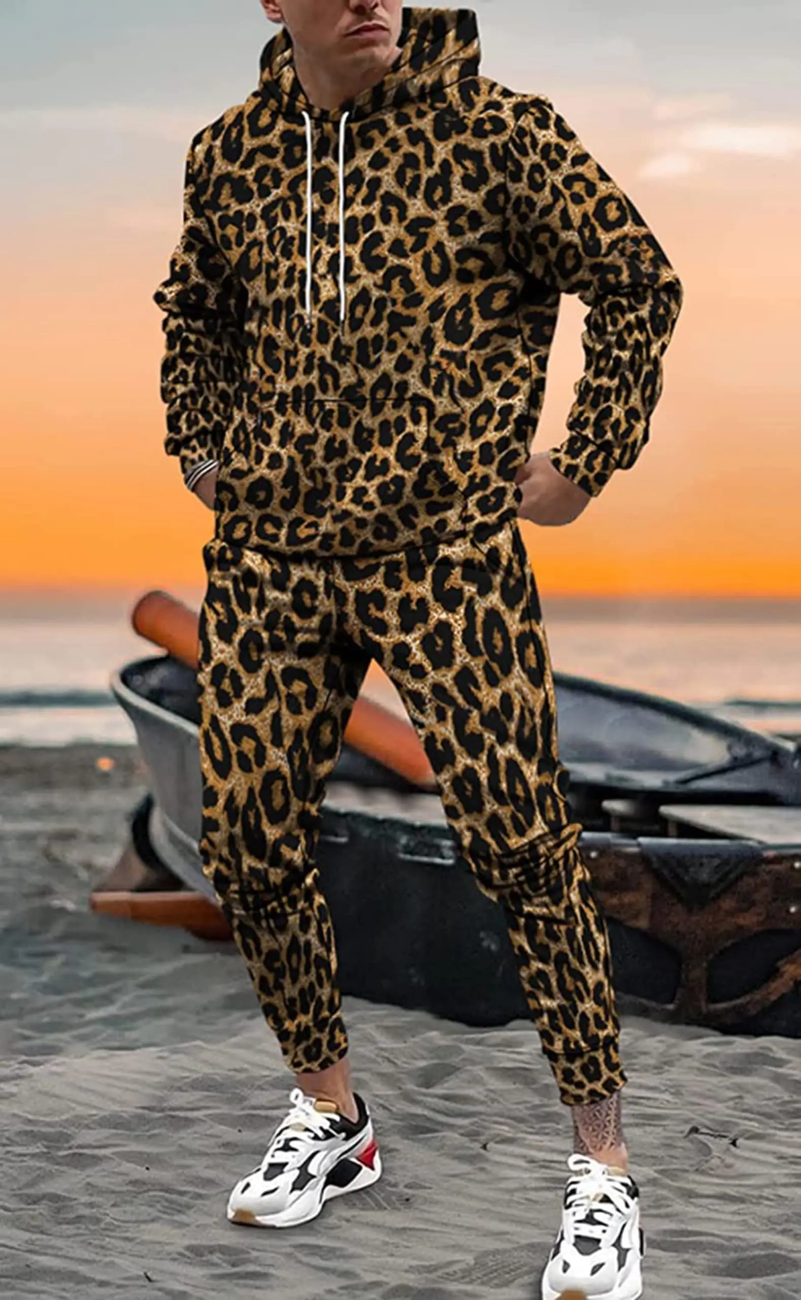 3D Leopard Print Mens Hoodie Pants 2-Piece Outfits AutumnWinter MensWomens Hooded Sweatshirt Sets Oversized Tracksuit Suits 241122