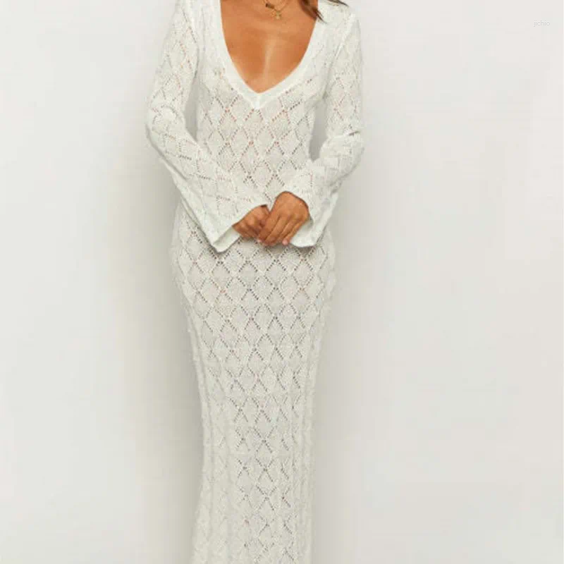 Beach Bath Exits Women 2024 Swim Wear Summer Dress For Cut Sexy Neck Long Sleeve Slim Fit Buttock Knitted Solid Acrylic