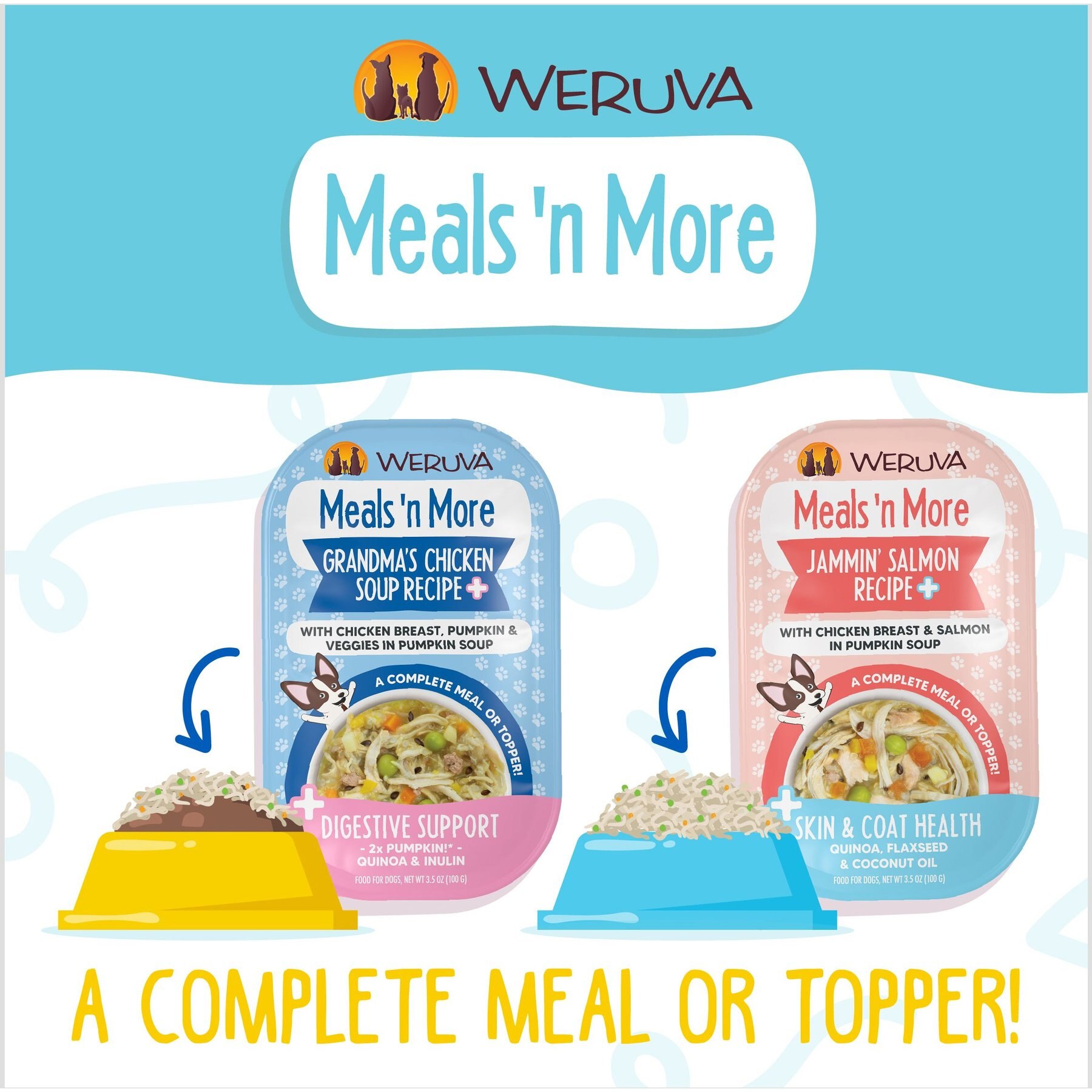 Weruva Meals 'n More Natural Wet Dog Food, Woof Woof Floof! Skin & Coat Health Variety Pack, 3.5-oz cup, 10 count