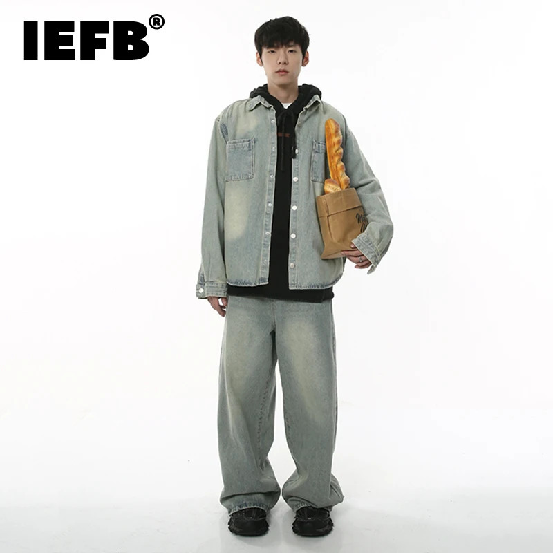 IEFB Mens Set Loose Washed Retro Denim ShirtCoat Vintage Male Casual Two Piece Trend Baggy Jeans Suits Loose Streetwear 9C 240415