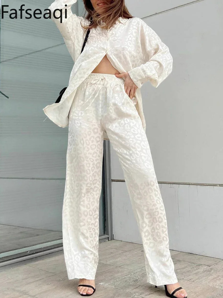 White Satin Wide Leg Trousers Suit for Women Spring Office Leopard Print Two-piece Set Home Tracksuit Womens Pajamas Sets 240415