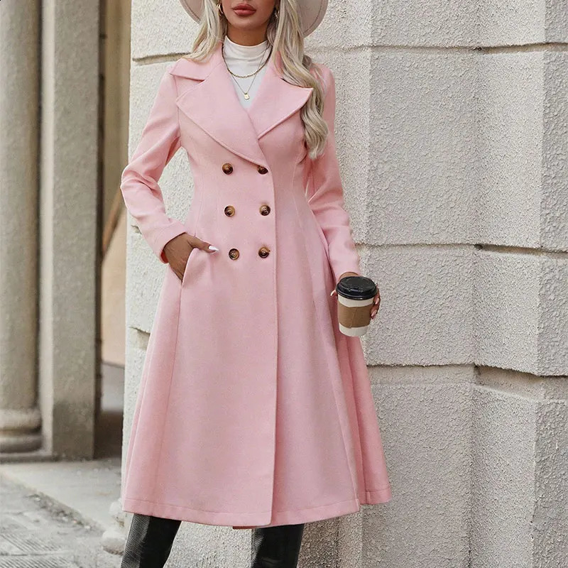 Women Trench Autumn Winter Pink Coat Fashion Streetwear Suit Collar Button Elegant Lady Slim Versatile Clothing 241121