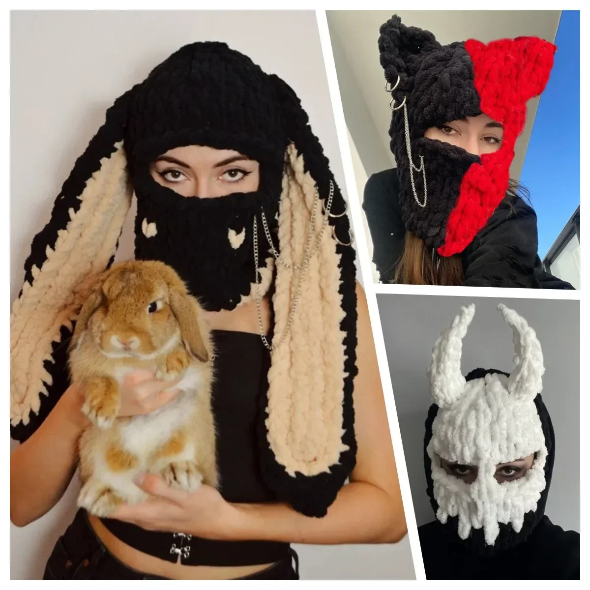 Halloween Fun Rabbit Ears Creative Knitted Hat Bear Warm Full Face Cover Ski Mask Hat Windproof Balaclava Hat Outdoor Sports 241205