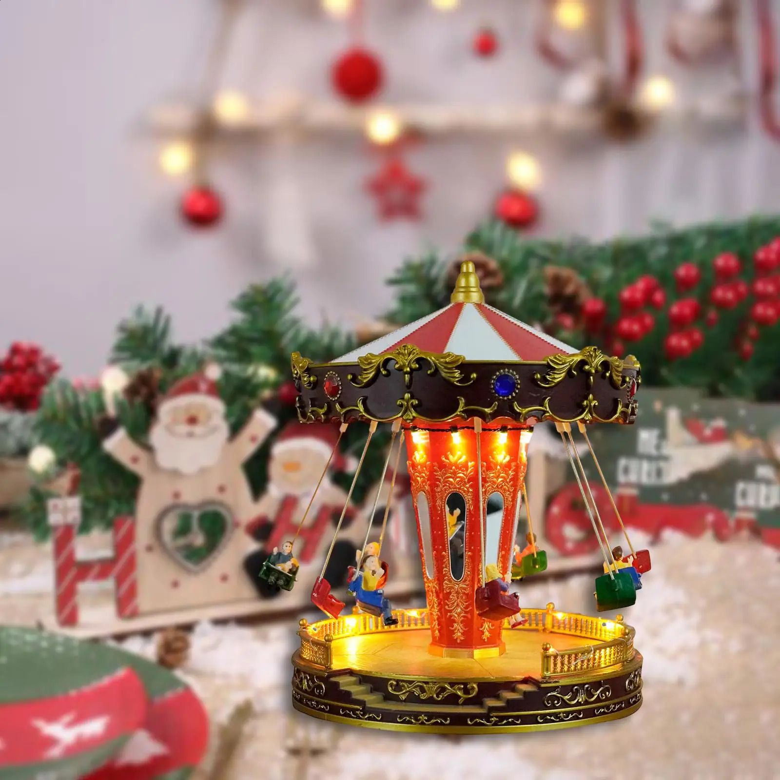 Rotatable LED Christmas Carousel Statue Music Box Decoration Table Centerpiece for Birthday Valentines Day Children Xmas Gifts 241121