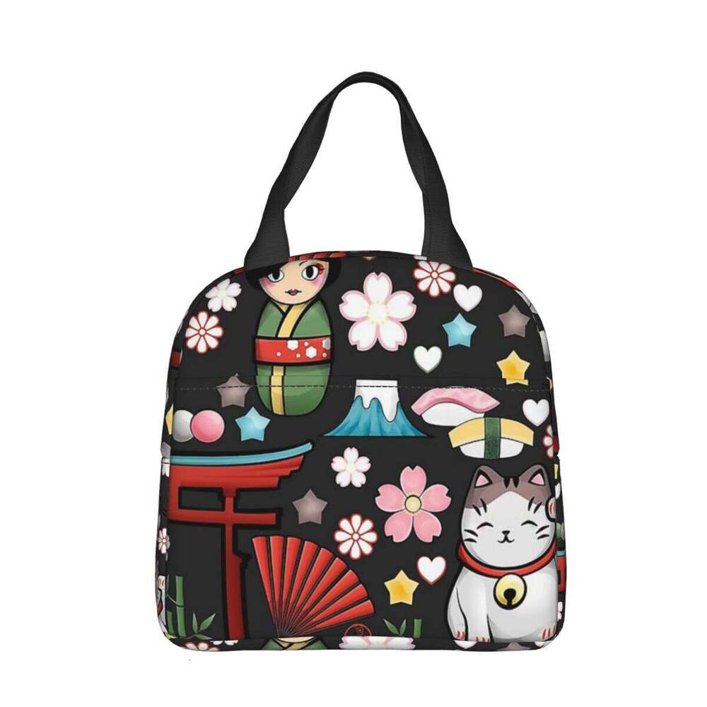 Maneki N Lucky Cat Insulated Bags Cooler Container Kokeshi Japanese Doll Tote Lunch Box Food Bag College