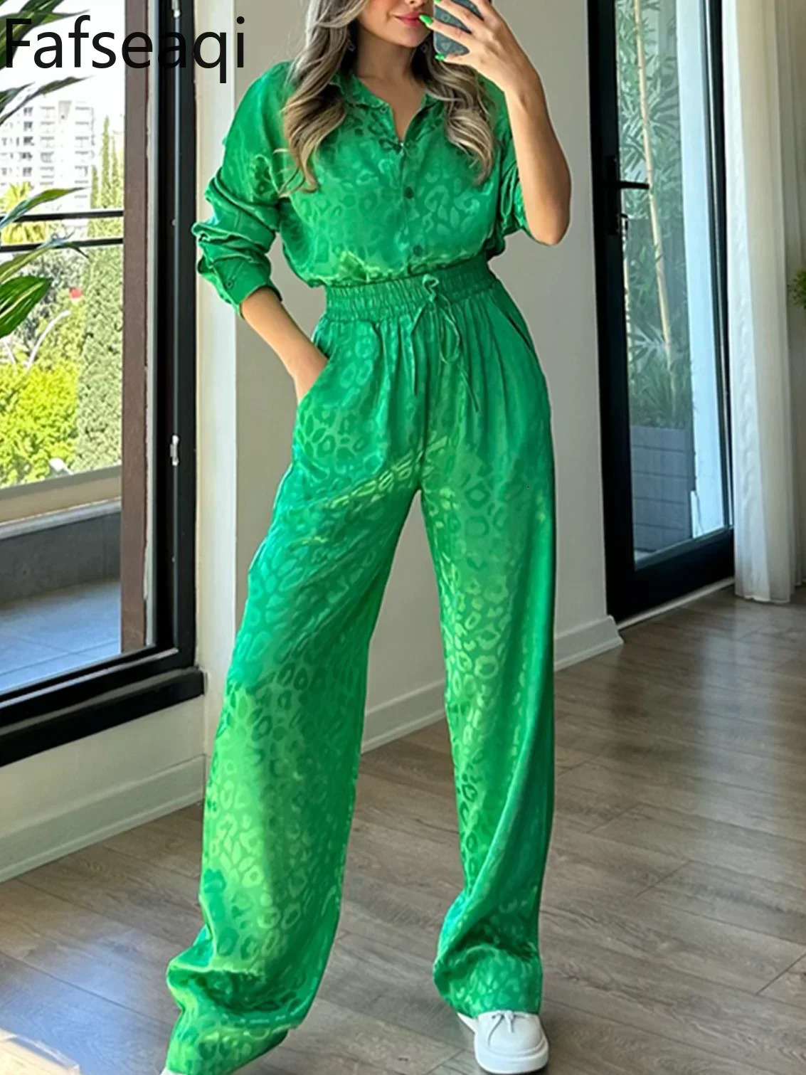 White Satin Wide Leg Trousers Suit for Women Spring Office Leopard Print Two-piece Set Home Tracksuit Womens Pajamas Sets 240415