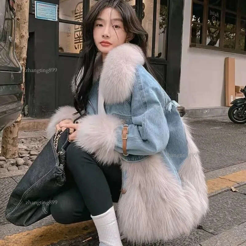 Womens Fur Faux Fur Women Cotton Coat Winter Jacket Female Fur Denim Stitching Parkas Thicken Thin Outwear Big Fur Collar Overcoat 230920