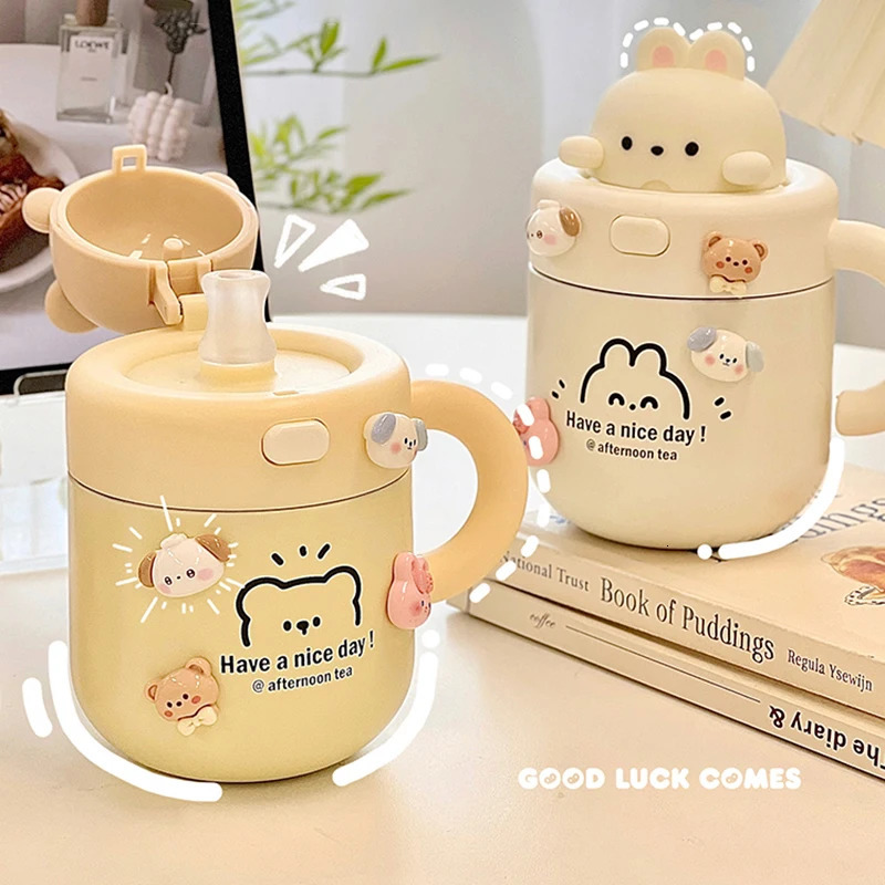 Kawaii Bear Thermal Mug Insulated Coffee Tumbler For Cold Drinks Water Tea Large Thermos Stainless Steel Cup With Straw Lid 241121