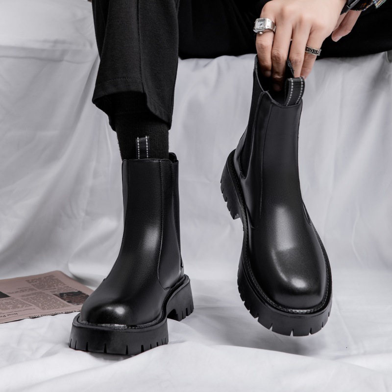 High top Martin boots, British leather shoes, motorcycle chimney, mid top thick soled boots, winter velvet Chelsea boots for men