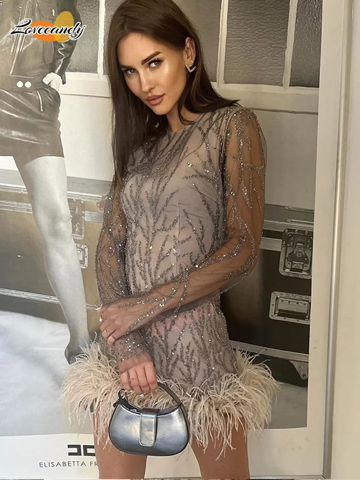 Feather Sequins Partywear Mini Dresses Women Elegant Mesh Sheer Sequined Long Sleeve Dress Lady Club Evening Vestidos 241122