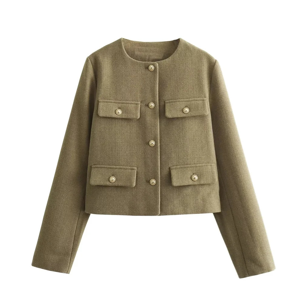 UNIZERA Winter Product Womens Fashion and Casual Versatile Round Neck Flip Decoration Short Suit Coat 240407