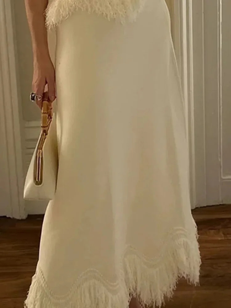 Elegant Tassels Spliced Maxi Skirt Sets Fashion O Neck Sleeveless Solid Slim Fit 2 Piece Set Robes 2024 Female Dress Outfit 241122