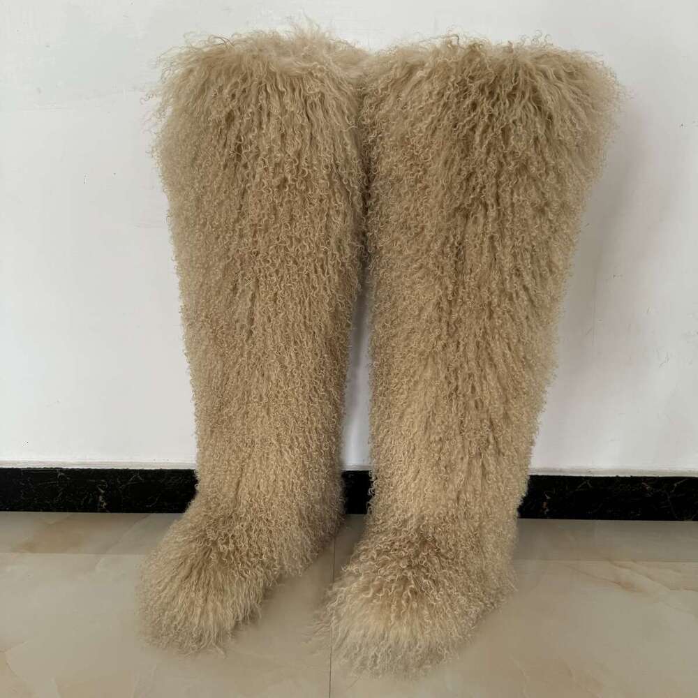 72cm Winter Furry Shoes Women Snow Fluffy Warm Wool Plush Fashion Boots Ladies Mongolian Fur Boot