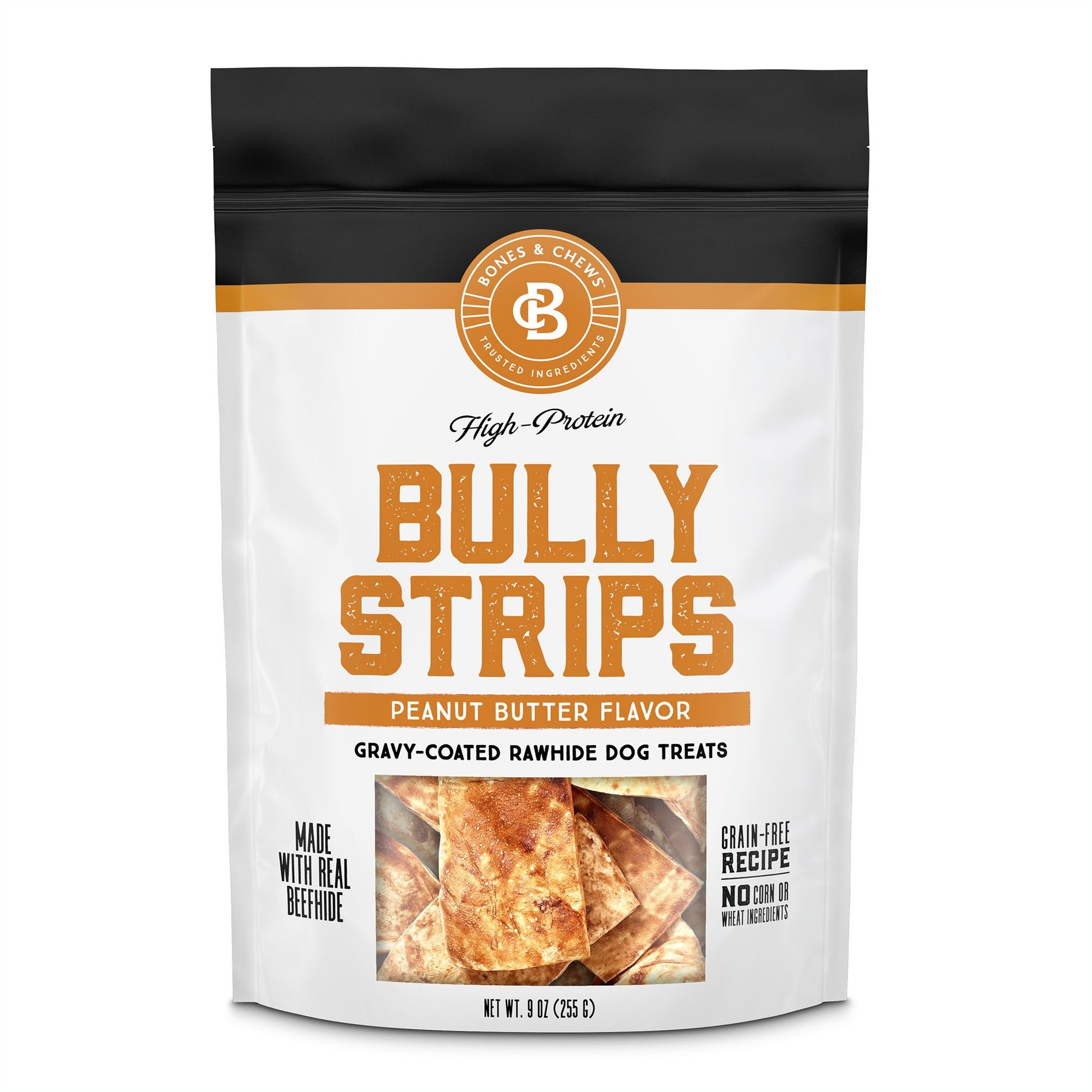 Bones & Chews Bully Strips Peanut Butter Flavor Beef Dog Treats, 9-oz bag