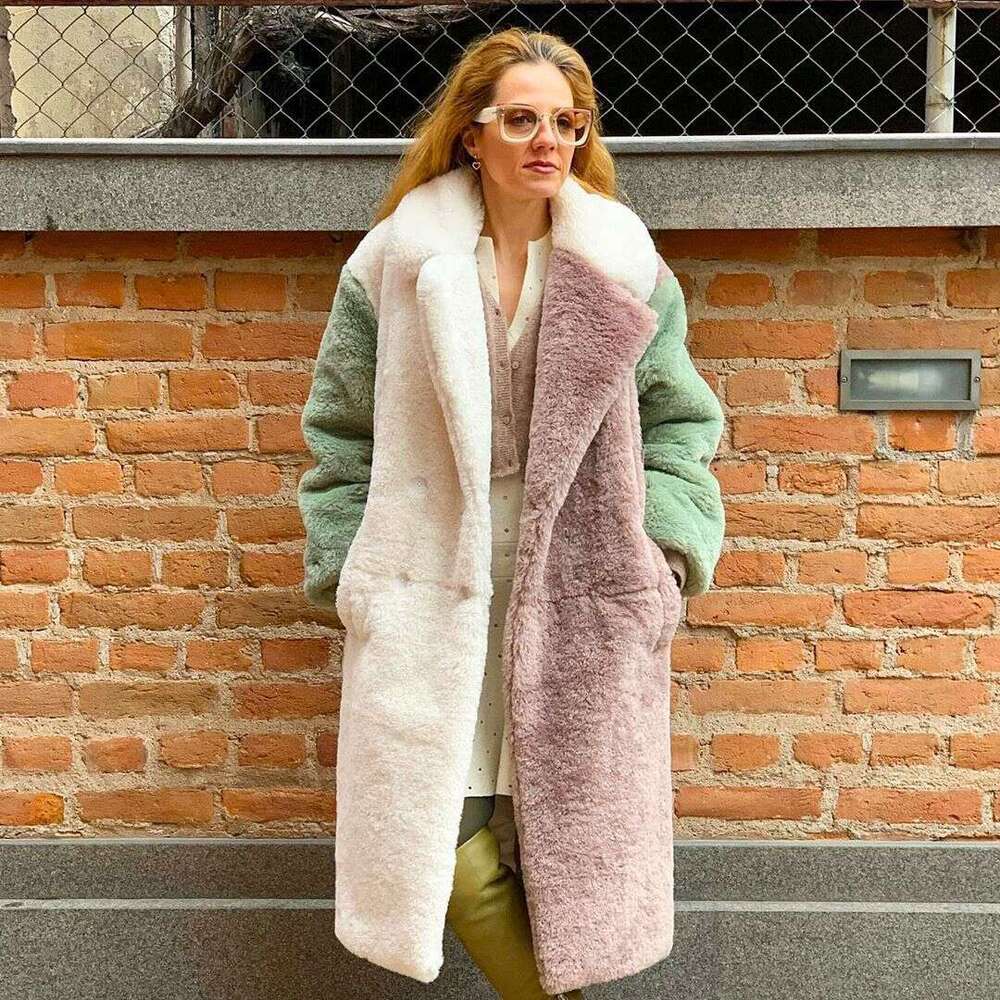 European style fashionable color blocked woven otter rabbit coat, autumn and winter thick long imitation fur coat for women