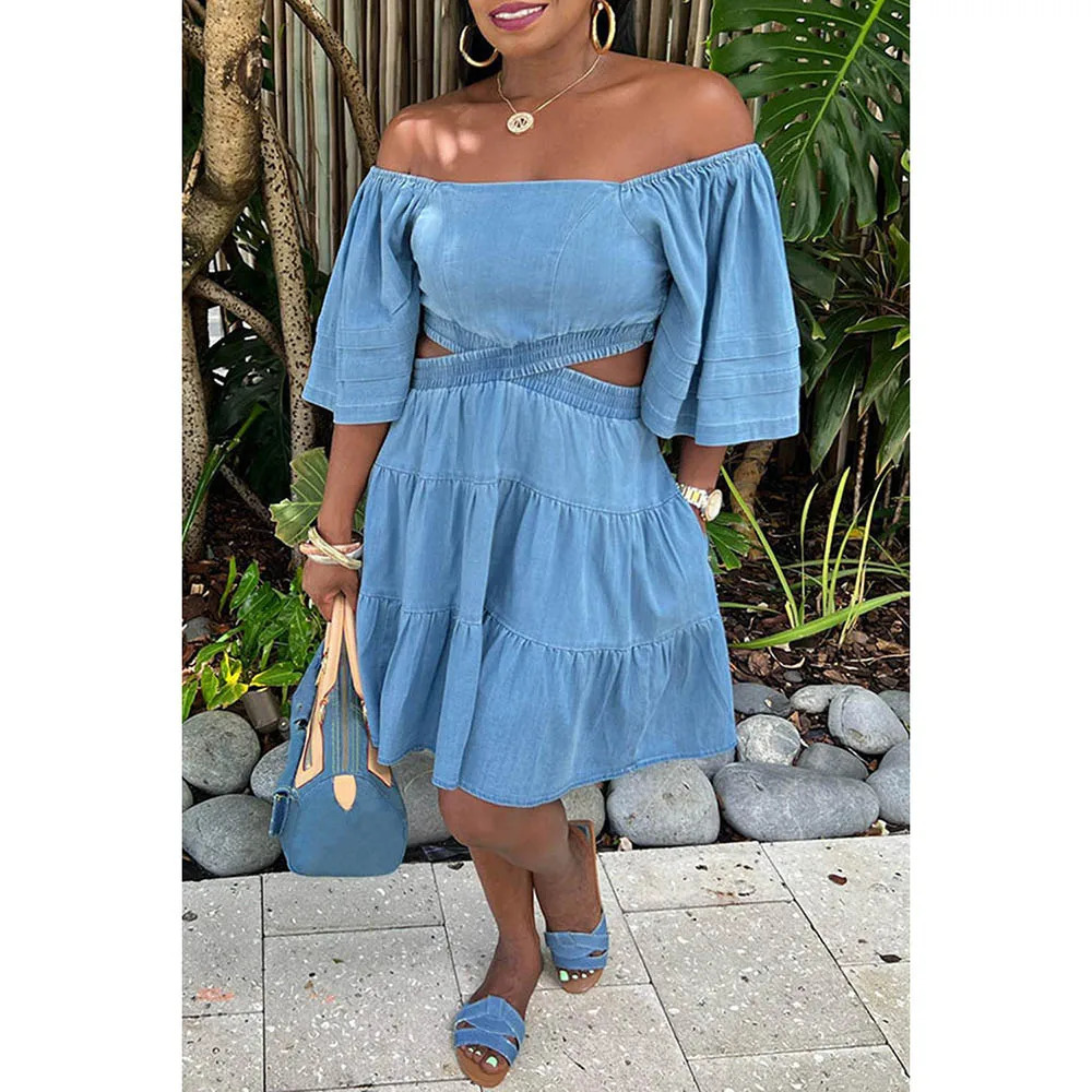 Plus Size Blue Daily Denim Off Shoulder Hollowed Out With Pocket Midi Dresses 240419