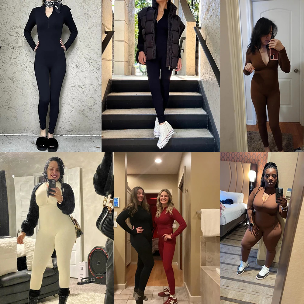 Bodycon Jumpsuit For Womens Clothing Casual Fitness Rompers Zipper Autumn Winter Bodysuits Activity Streetwear Women 241121
