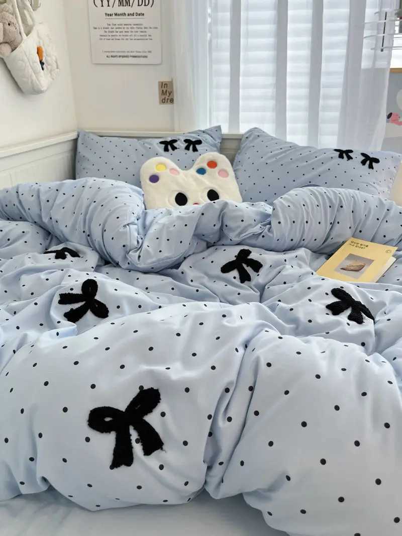 Ins Style Girl Blue 1.5m/1.8m Fitted Sheet Bow Towel Bedding Set Embroidery Washed Cotton Four-piece Set Bed Sheet Three-pieceC241122