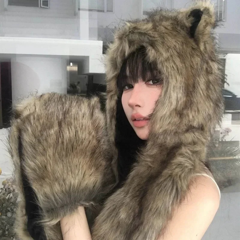 Womens cashmere winter hat winter hat Balaclava hat warm pull nap hat round neck hat bear hat 241205