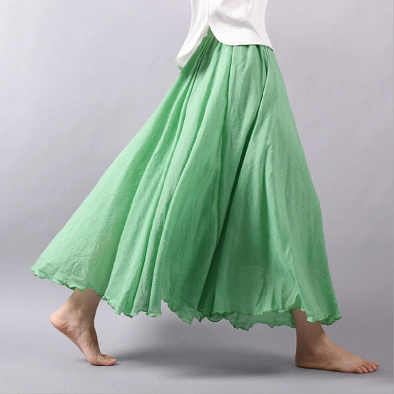 14 Colors Linen Maxi Skirt Pleated Vintage Boho Long Casual Cotton Beach Empire ALine Ladies Clothing 240420