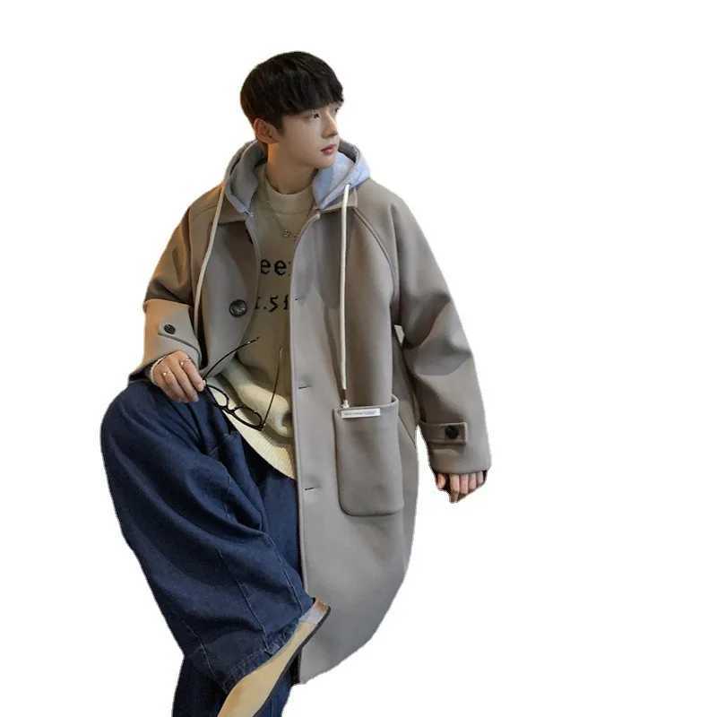 High Quality Korean style medium and long wool mens coat autumn and winter loose Fe two-piece hooded windbreaker Y2k mens clothing T241122