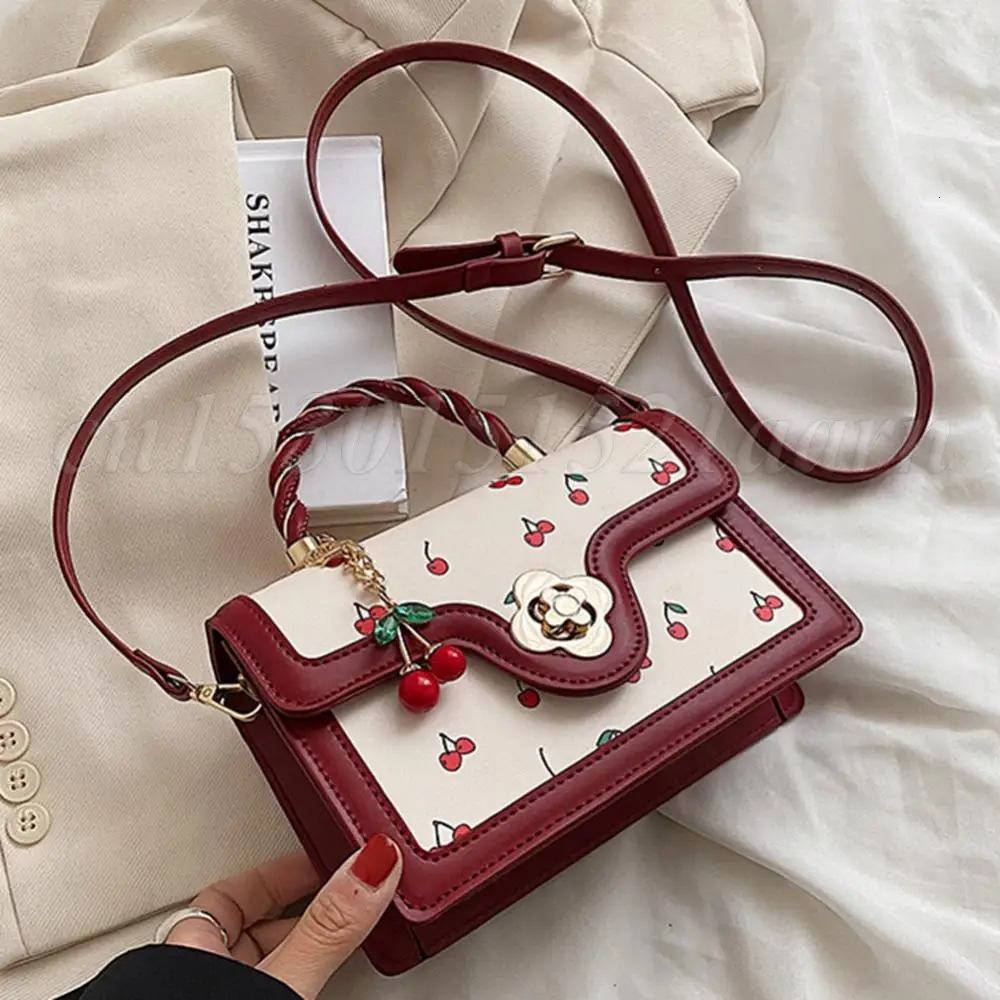 New Women s Cherry Pattern Sweet Chain Slant PU Leather Fashion Handbag Women s High trend Quality Designer leisure Small Shoulder Square Bag