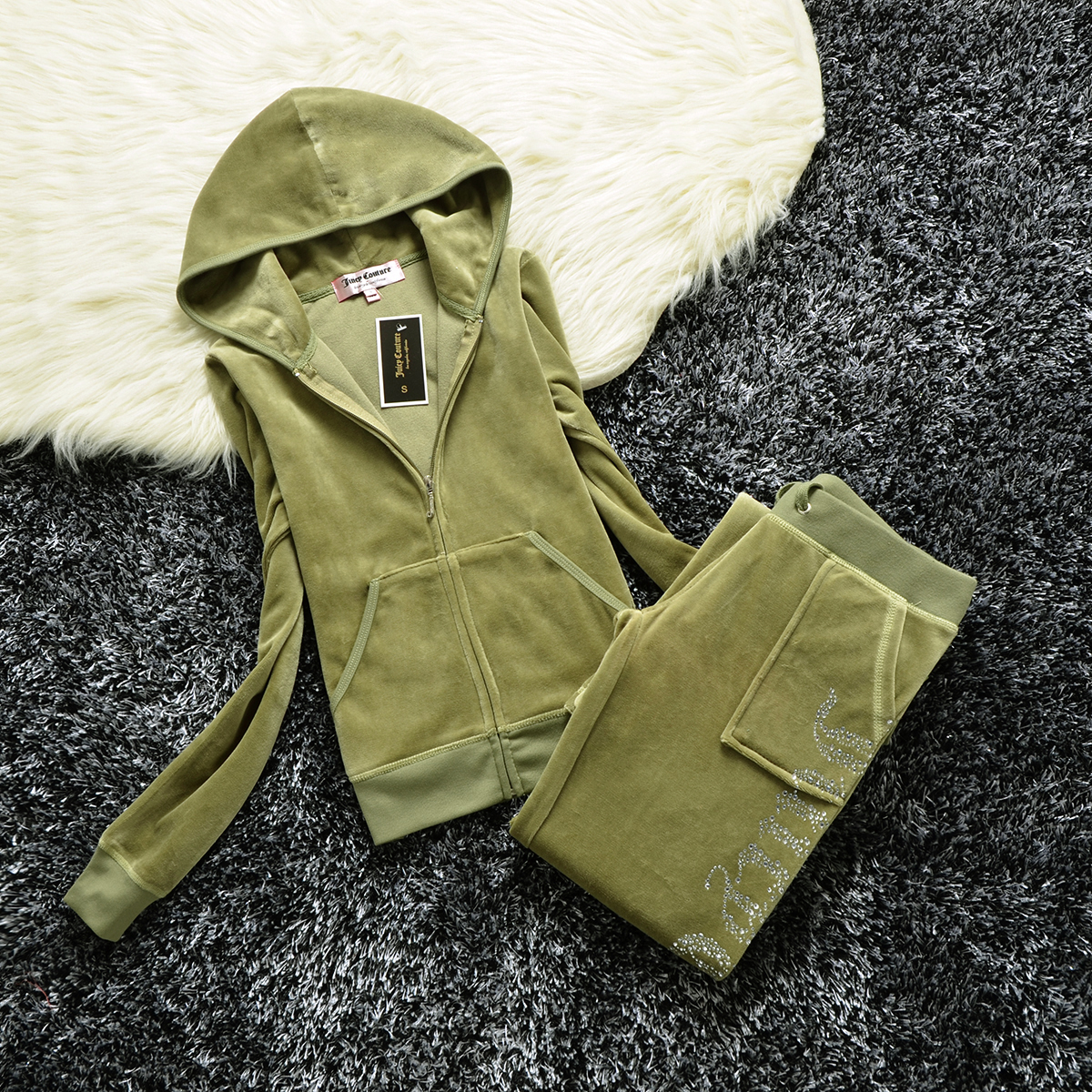 Juicy Tracksuit Womens 2-Piece Hoodie Pants Set Black Zipper Jacket Sweatshirt and Joggers - Designer Couture Casual Activewear C260312