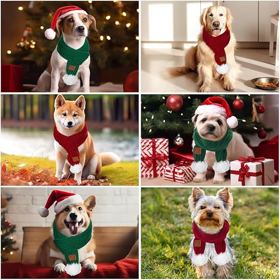 SlowTon Knitted Scarf, 2 Pack Dog Warm Bandanas, Winter Holiday Decoration Scarf for Small Medium Large Dogs (Red,Red