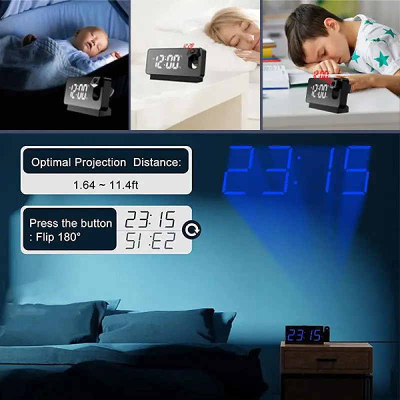 180° Arm Projection Digital Alarm Clock Temperature Humidity Night Mode Snooze Table 1224H USB Projector LED 241121
