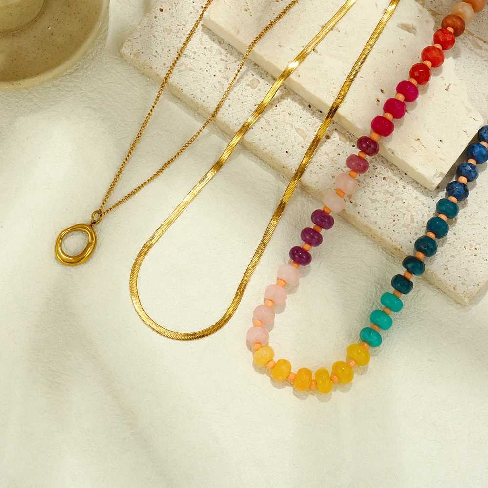 Joya 3-piece Rainbow Natural Stone Bead Necklace Stainless Steel Serpentine Chain Hollow Circular Pendant Jewelry W241121
