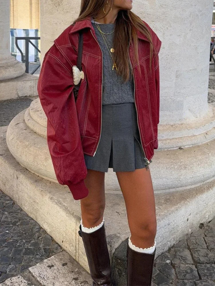 Fashion patch work Pu leather short sleeved jacket womens oversized lapel long sleeved cut jacket womens street jacket 241119