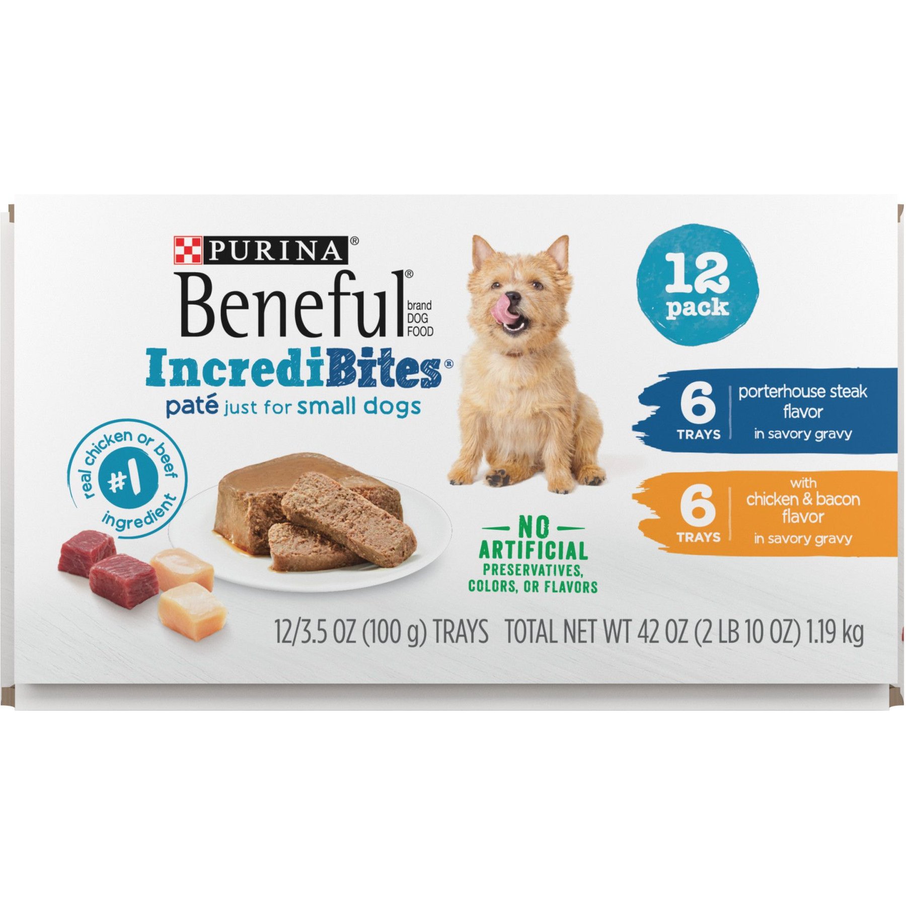 Purina Beneful IncrediBites Chicken & Bacon & Porterhouse Steak Variety Pack Pate Small Wet Dog Food, 3.5-oz tray, case of 12