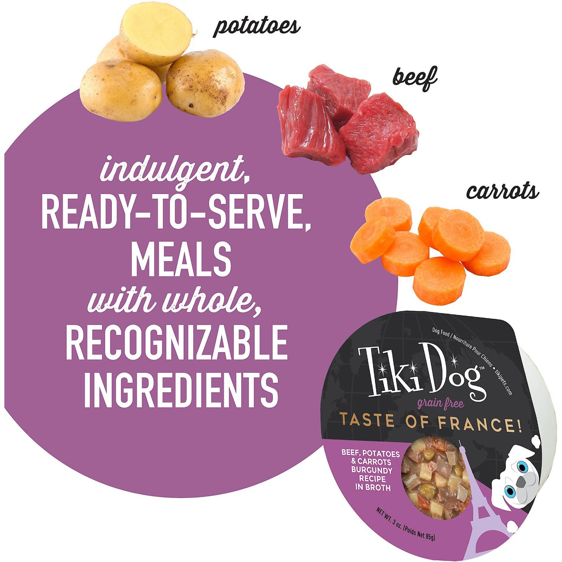 Tiki Dog Taste of France Beef, Potatoes & Burgundy Recipe in Broth Grain-Free Wet Dog Food, 3-oz cup, case of 4