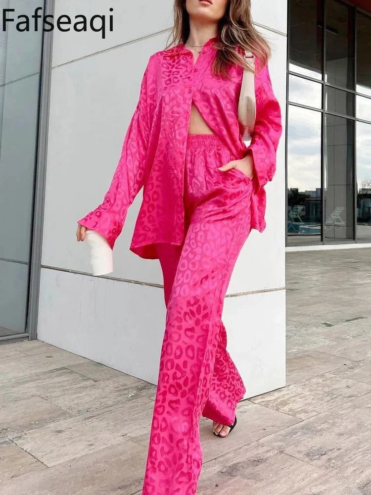 White Satin Wide Leg Trousers Suit for Women Spring Office Leopard Print Two-piece Set Home Tracksuit Womens Pajamas Sets 240415