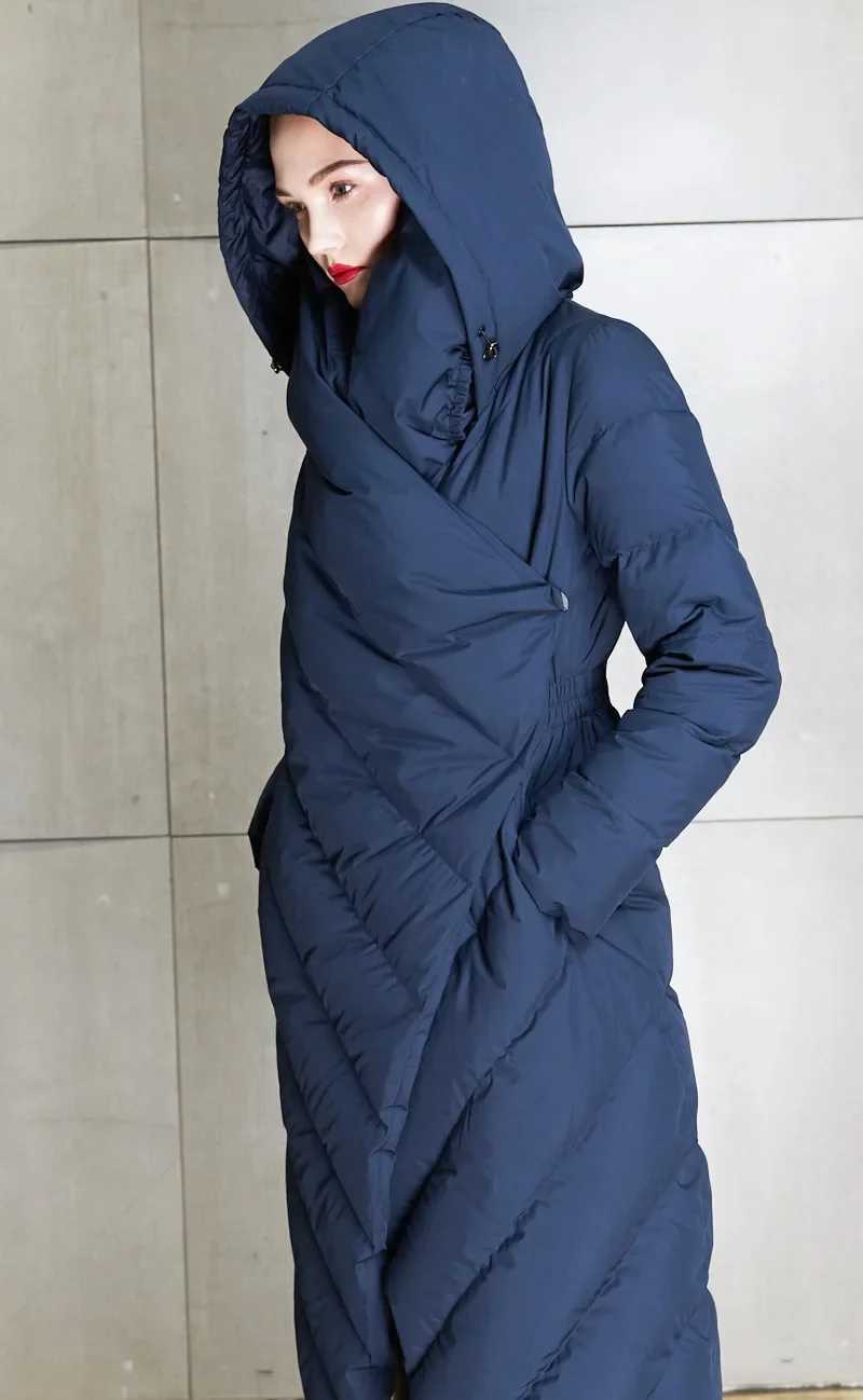 2024 European American Fashion Irregular Design Down Jacket Womens Winter Warm High Neck Hooded Duck Down Jacket W241122