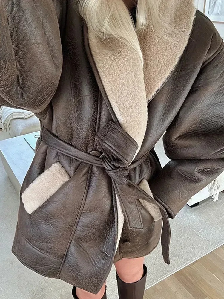 Fashion Woolen Lined Leather Pocket Patchwork Jacket Women Casual Long Sleeve Belt Lapel Coat Autumn Winter Warm Streetwear 241122