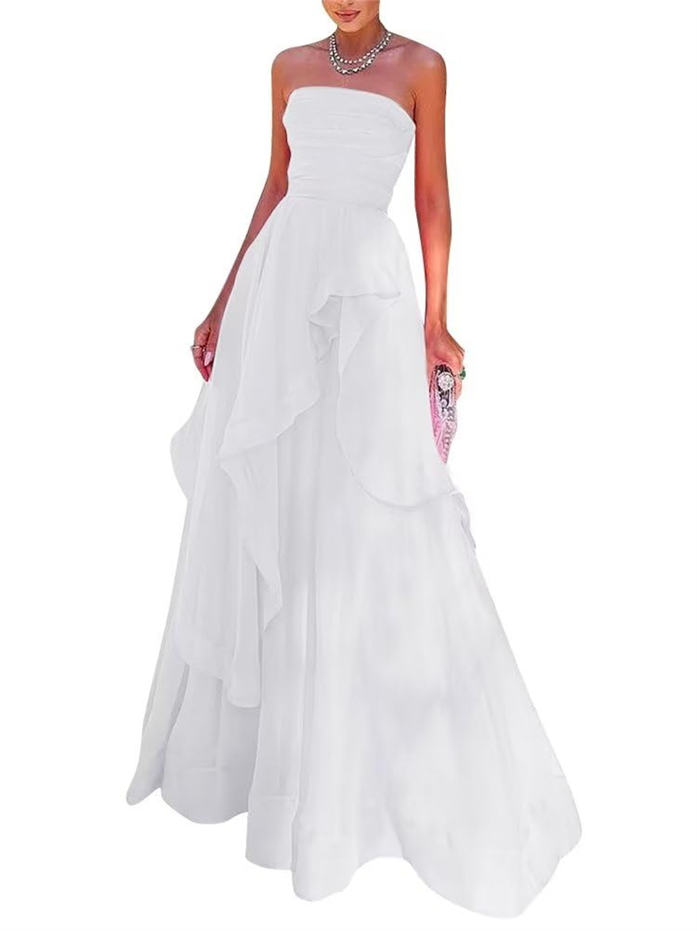 Strapless Long Prom Dresses Chiffon Ruffles A-Line Lace-up Plus Size Formal Occasion Evening Party Gown Pd18